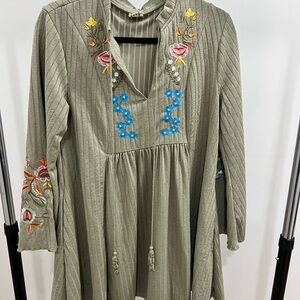 Embroidered Olive Green Tunic Dress